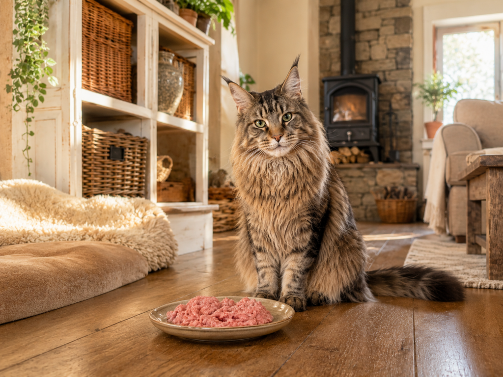 Main Coon cat sitting next to ground turkey