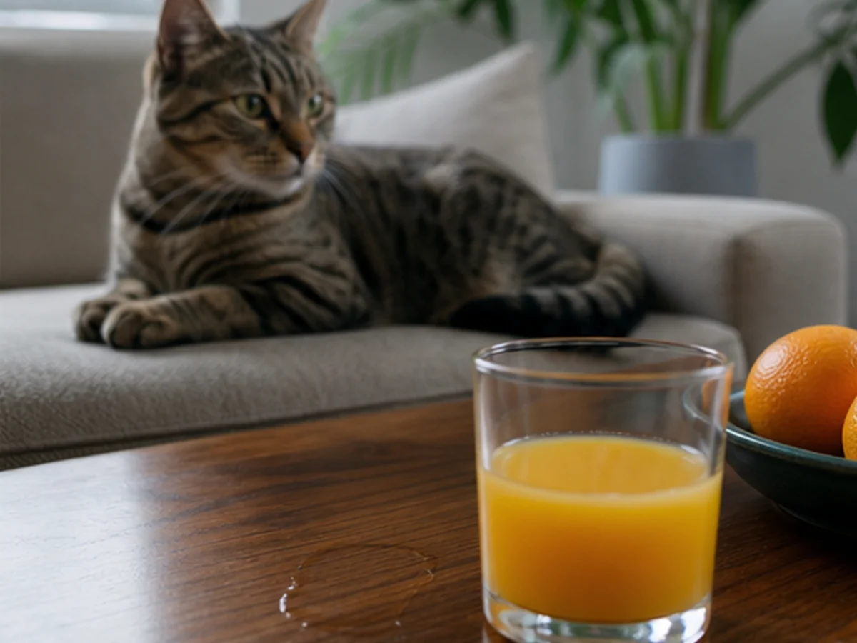 Cat kept behind a kitchen scene involving cranberry juice