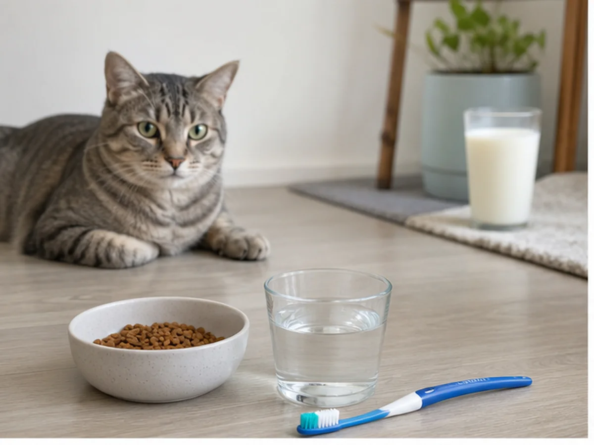 Cat safely separated from milk in a household scene about dental myths and milk