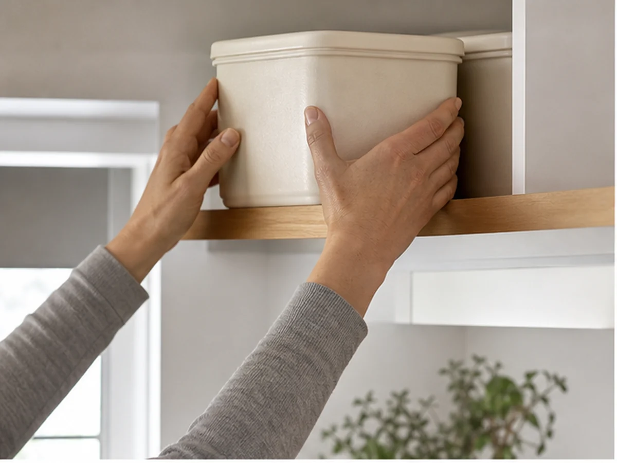 Hands storing a lidded oat container on a high shelf