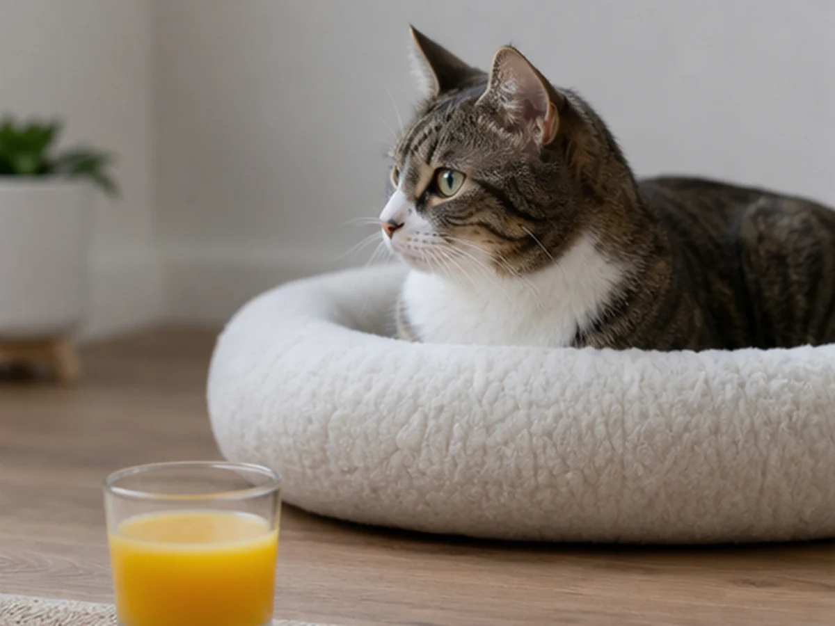 Cat kept behind a kitchen scene involving orange juice