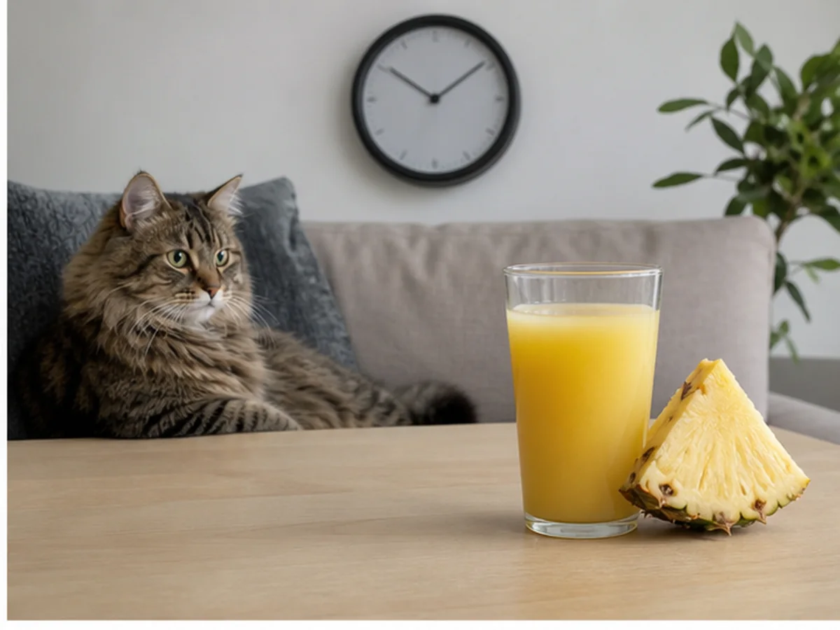 Cat safely separated from pineapple juice in a household scene about observe the cat, not the clock alone