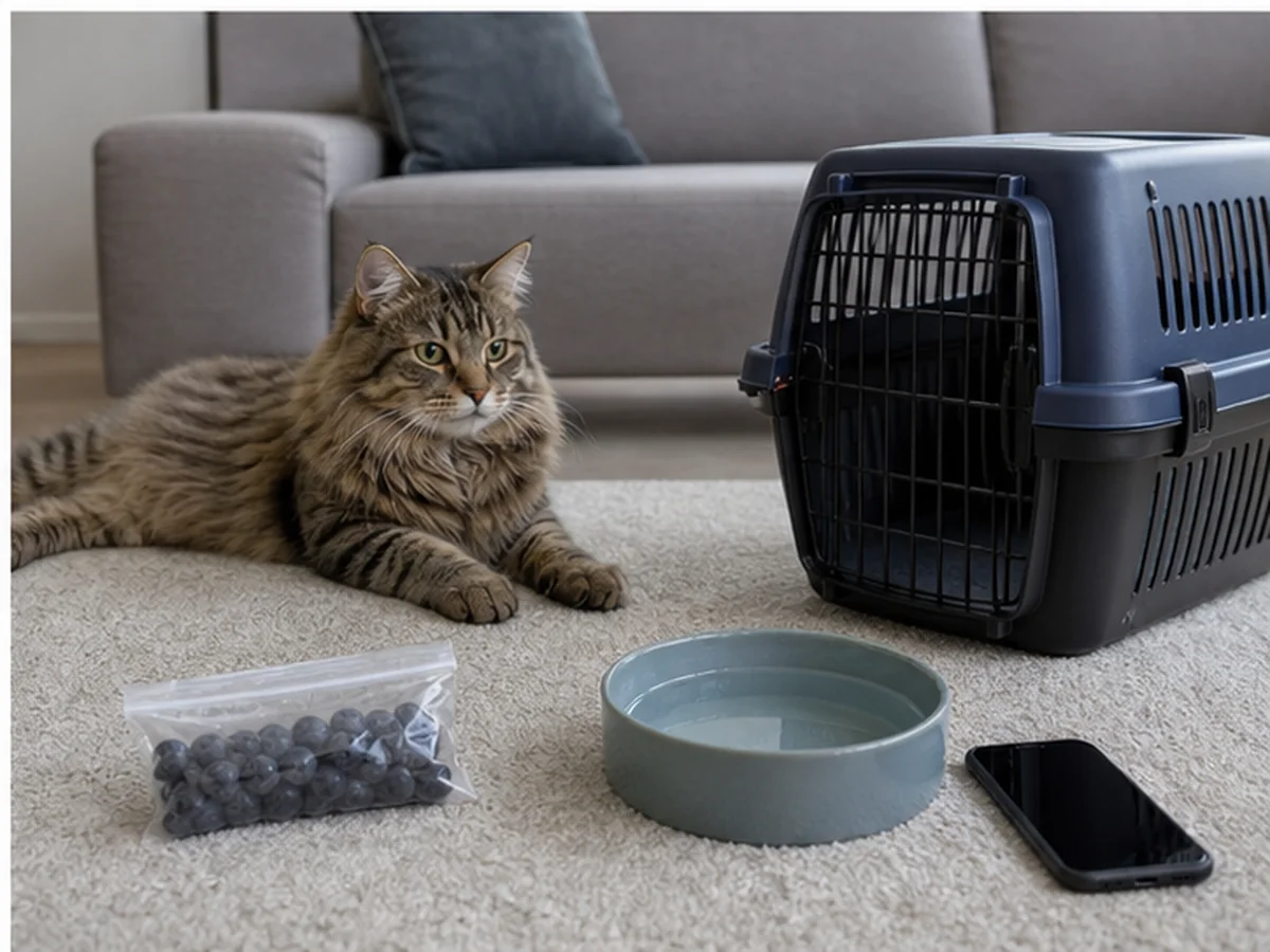 Cat safely separated from acai in a household scene about a calm response plan