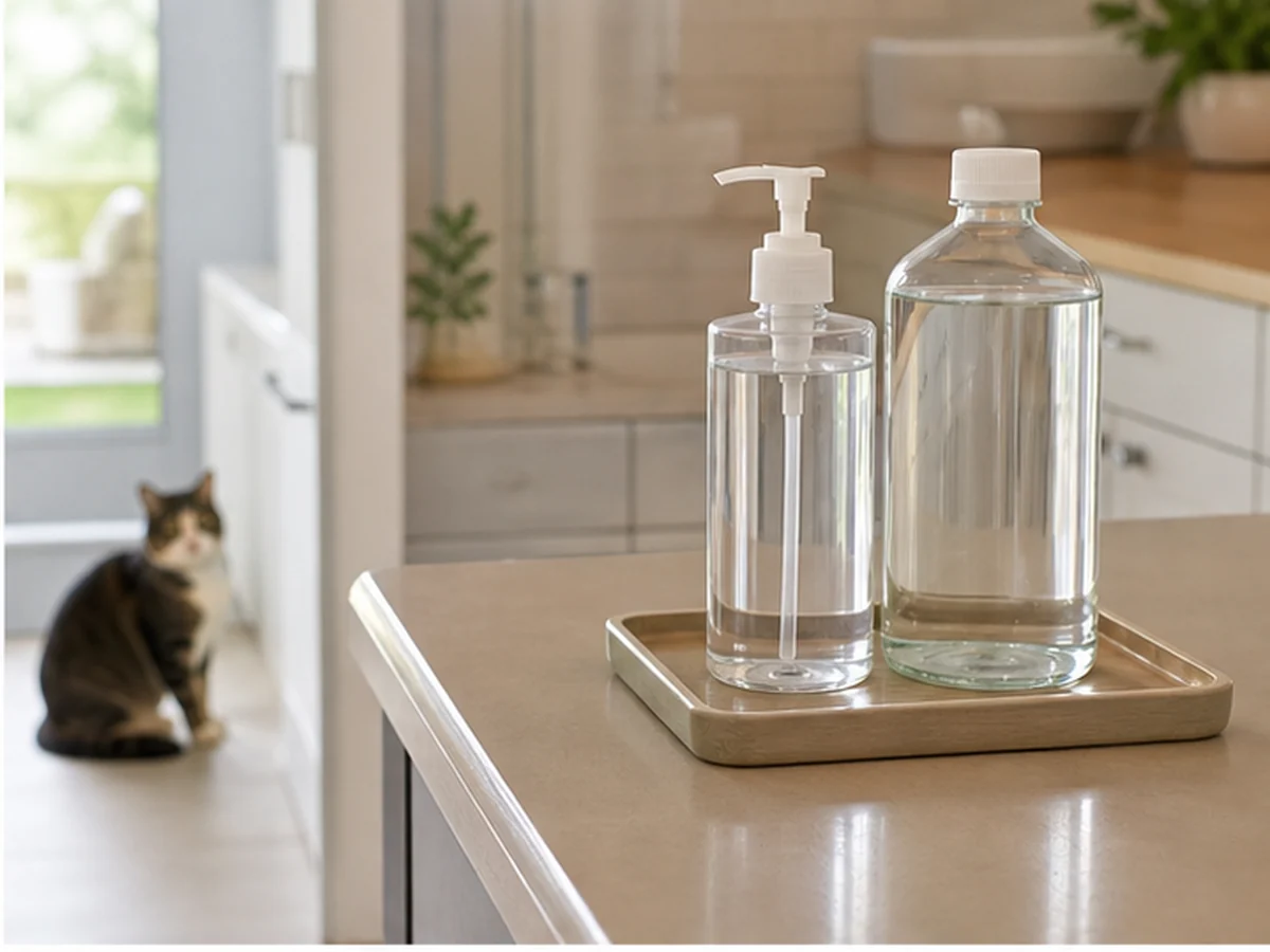 Unlabeled sanitizer and rubbing alcohol bottles with a cat distant