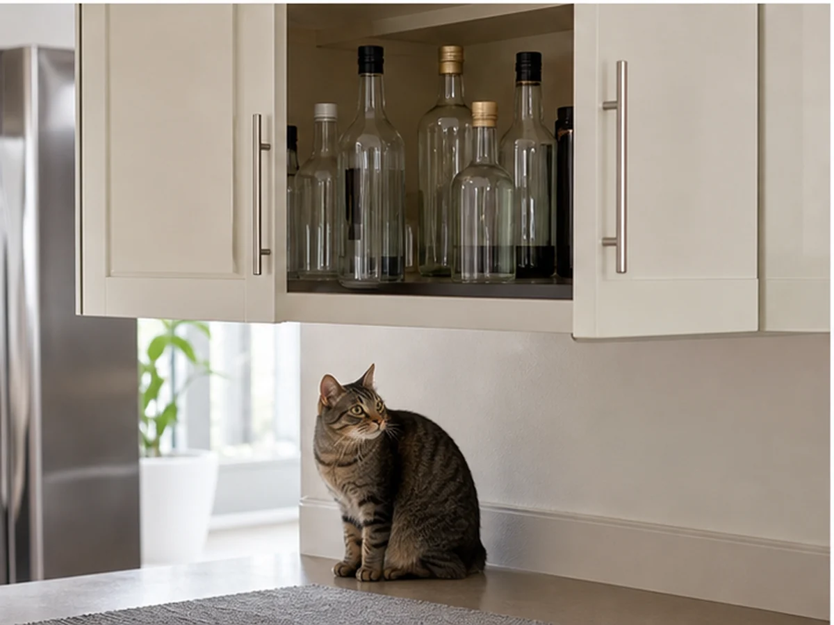 Closed cabinet of unlabeled bottles with a cat below