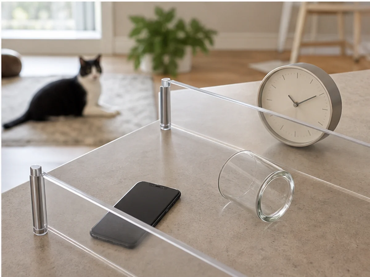 Tipped empty glass, clock, and phone behind a clear barrier