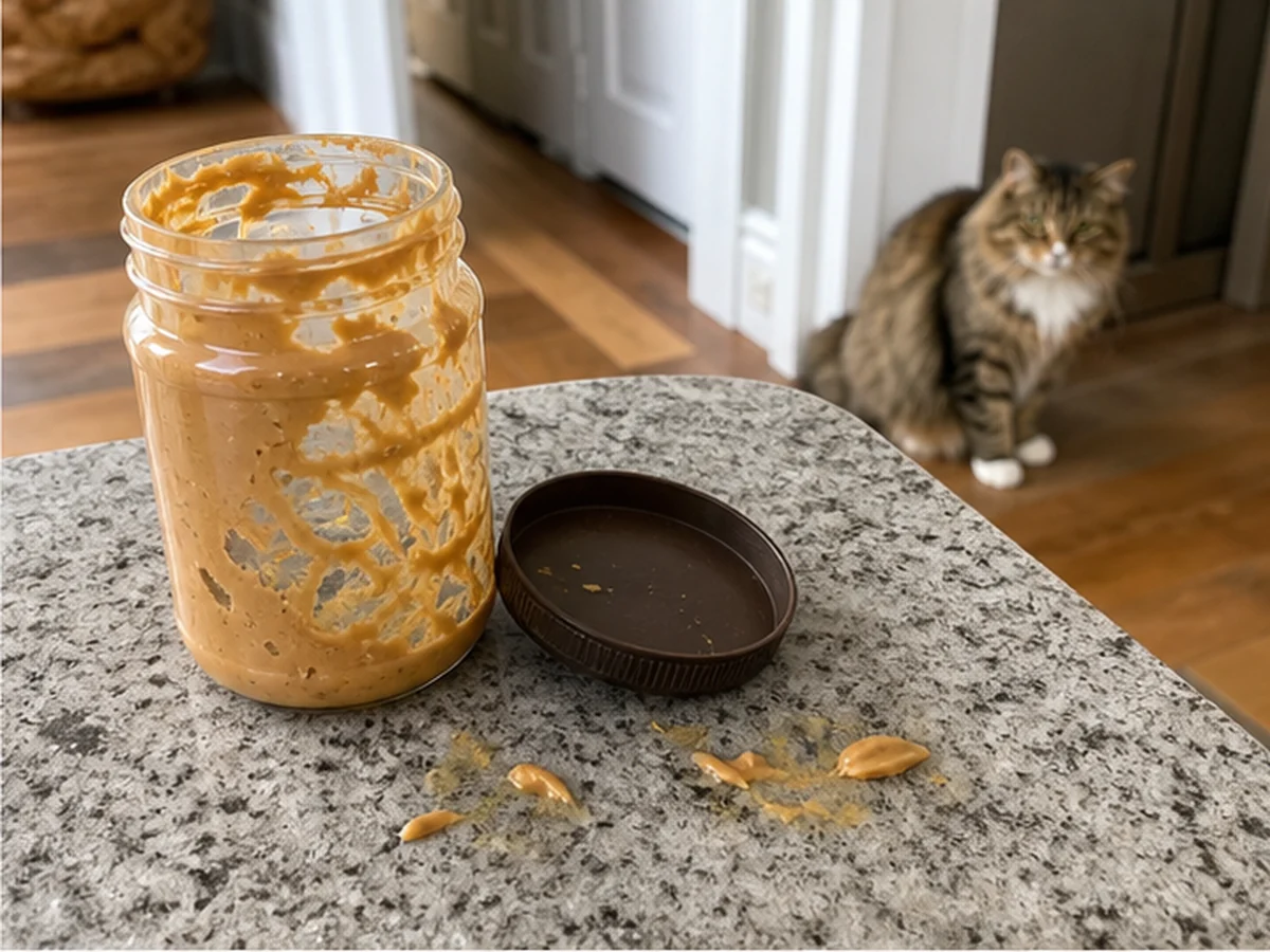 Open almond butter jar with a cat sitting several feet away