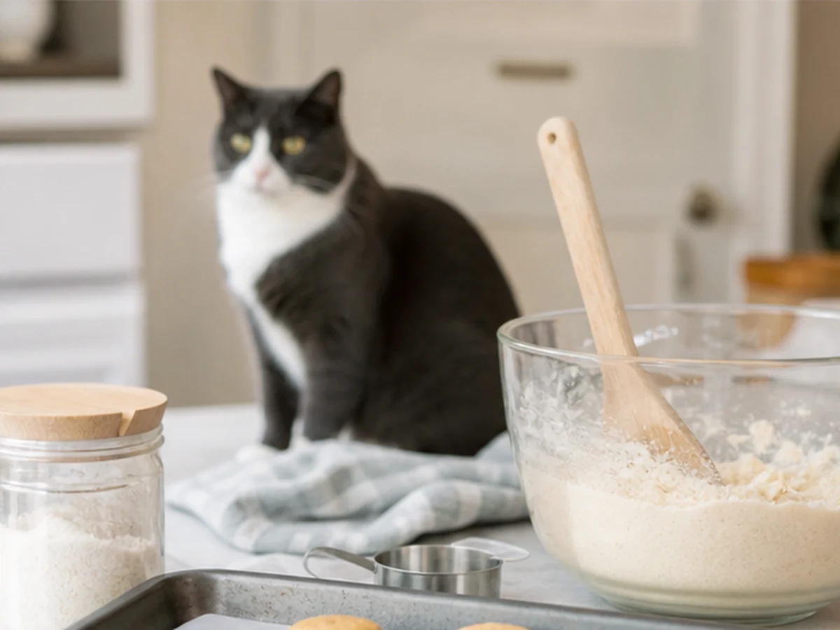 Cat kept behind a kitchen scene involving almond flour