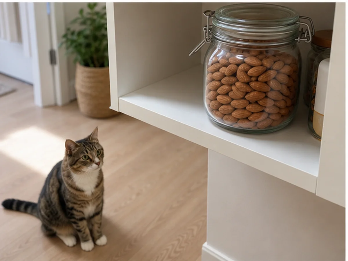 Cat safely separated from almonds in a household scene about how to prevent the next almond heist