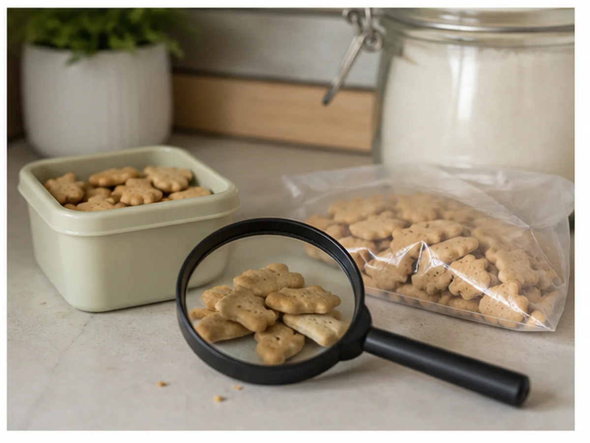 Cat safely separated from animal crackers in a household scene about how to read the ingredient list without spiraling
