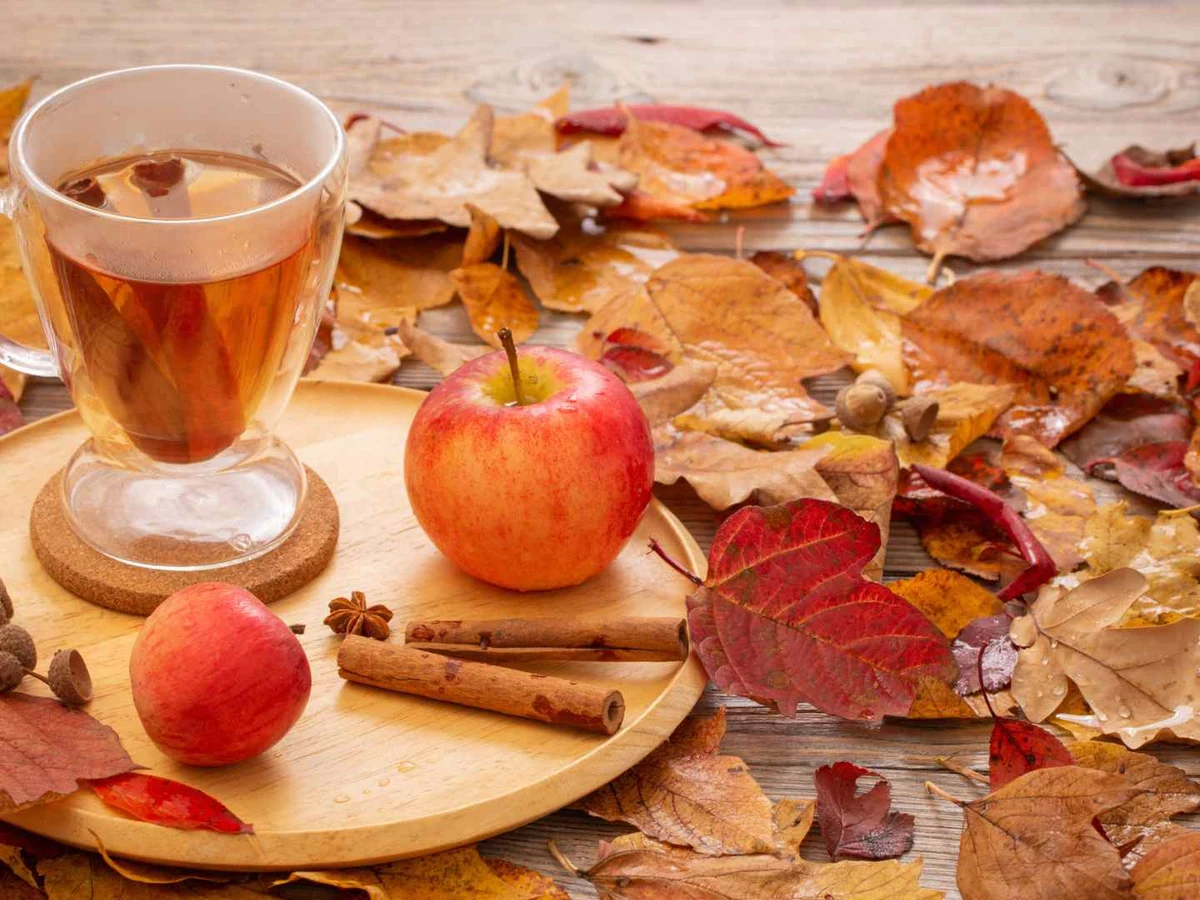 A cup of amber drink with apples, cinnamon, and autumn leaves.
