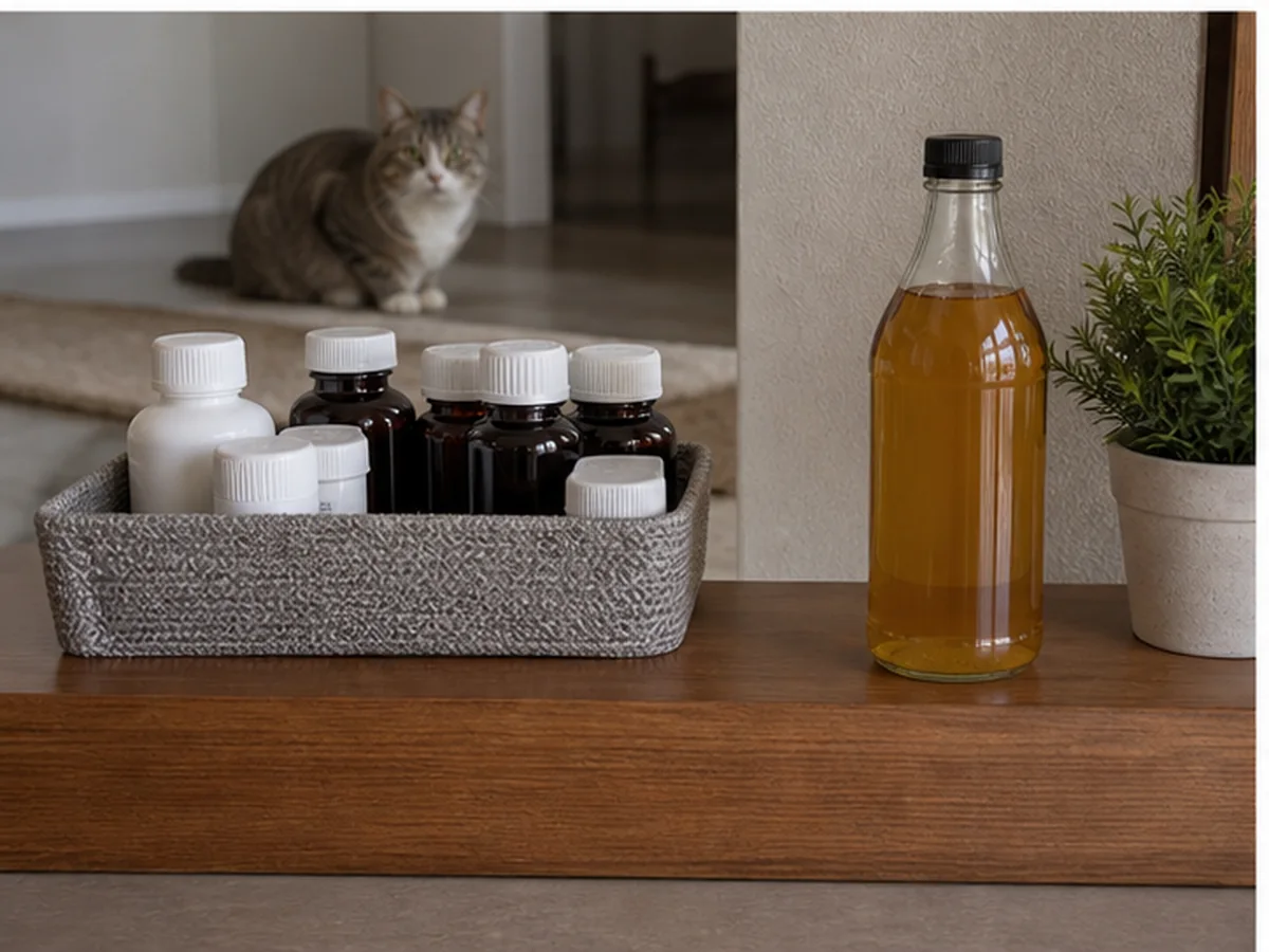 Cat safely separated from apple cider vinegar in a household scene about medication and supplement interactions are not guess