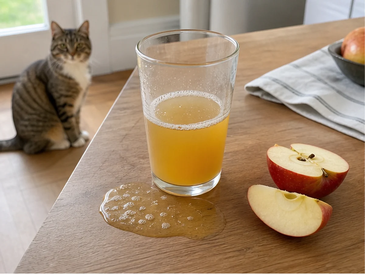 Partly empty apple juice glass and apple pieces with a cat distant