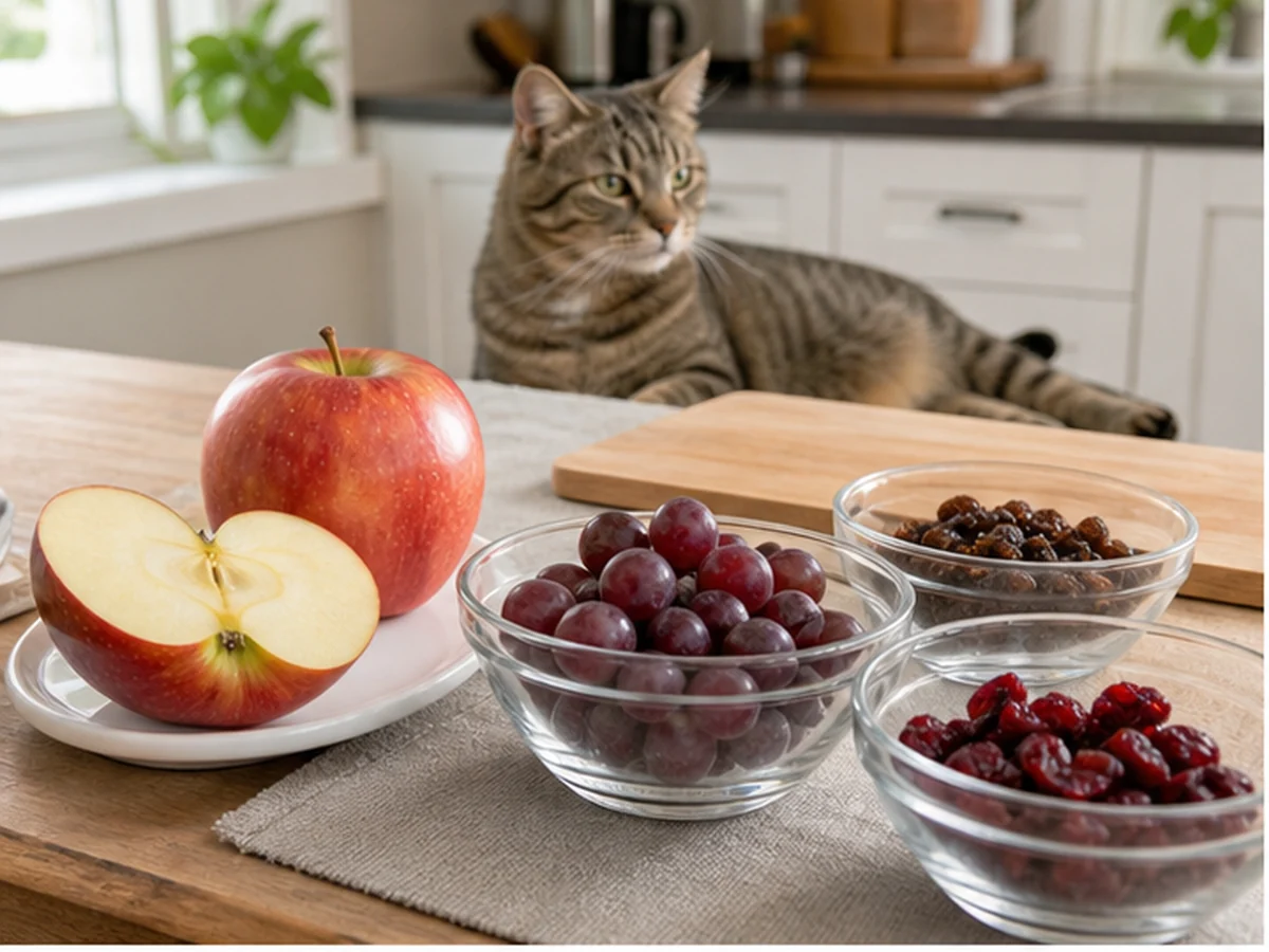Apple and bowls of grapes and dried fruit with a cat distant