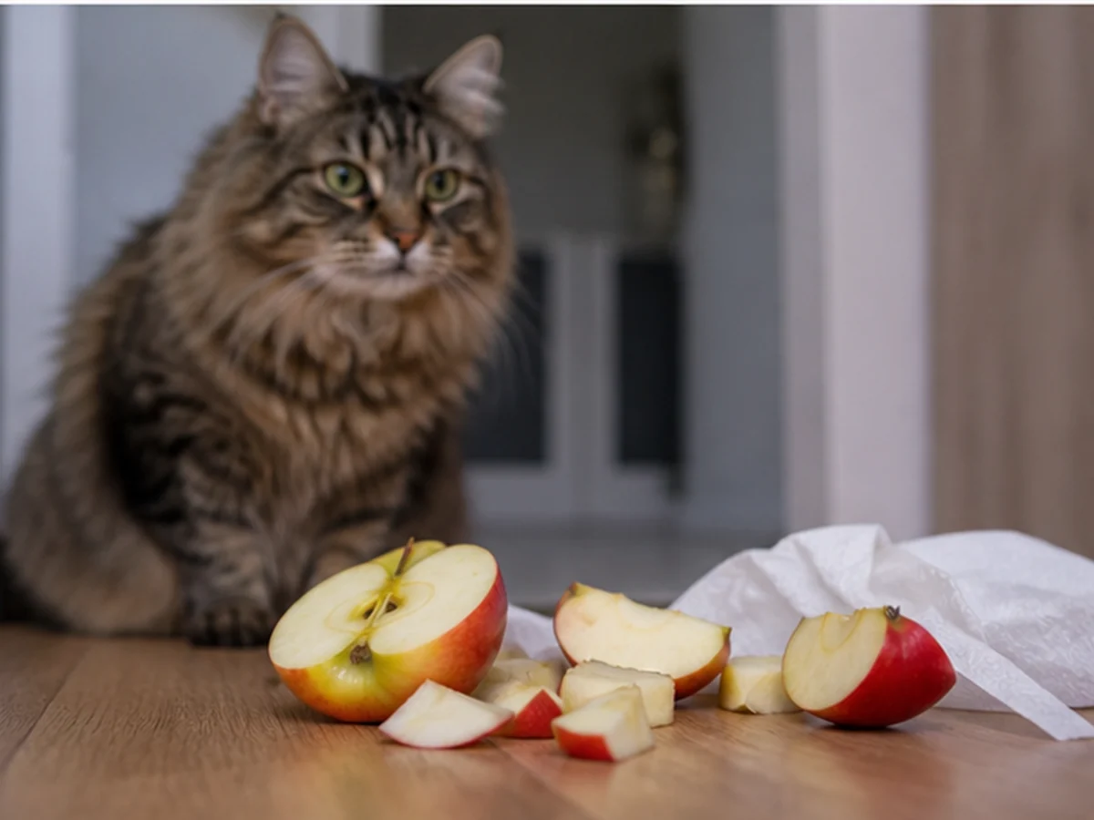 Cat kept behind a kitchen scene involving apples