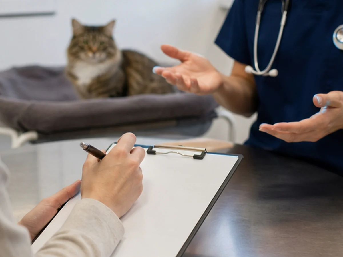 Veterinary consultation scene with a cat nearby