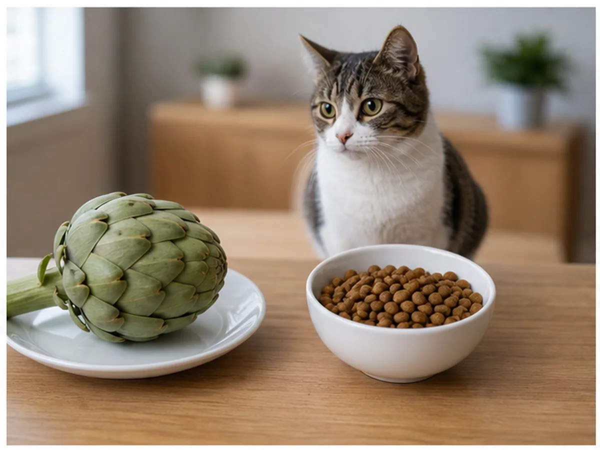 Cat safely separated from artichokes in a household scene about do artichoke fiber or antioxidants help cats