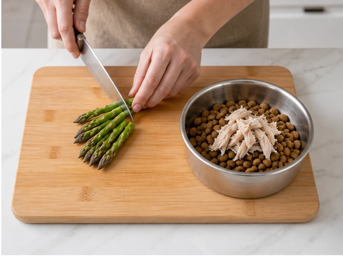 Hands cutting a tiny asparagus portion beside a cat-food bowl