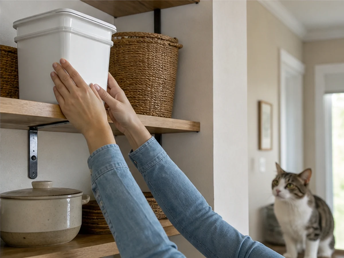 Hands storing avocado oil on a high shelf with a cat distant