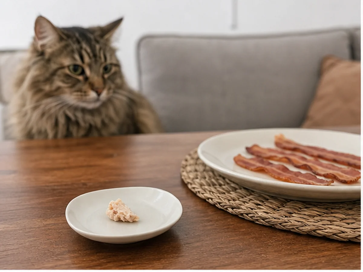 Cat safely separated from bacon in a household scene about better ways to share the moment