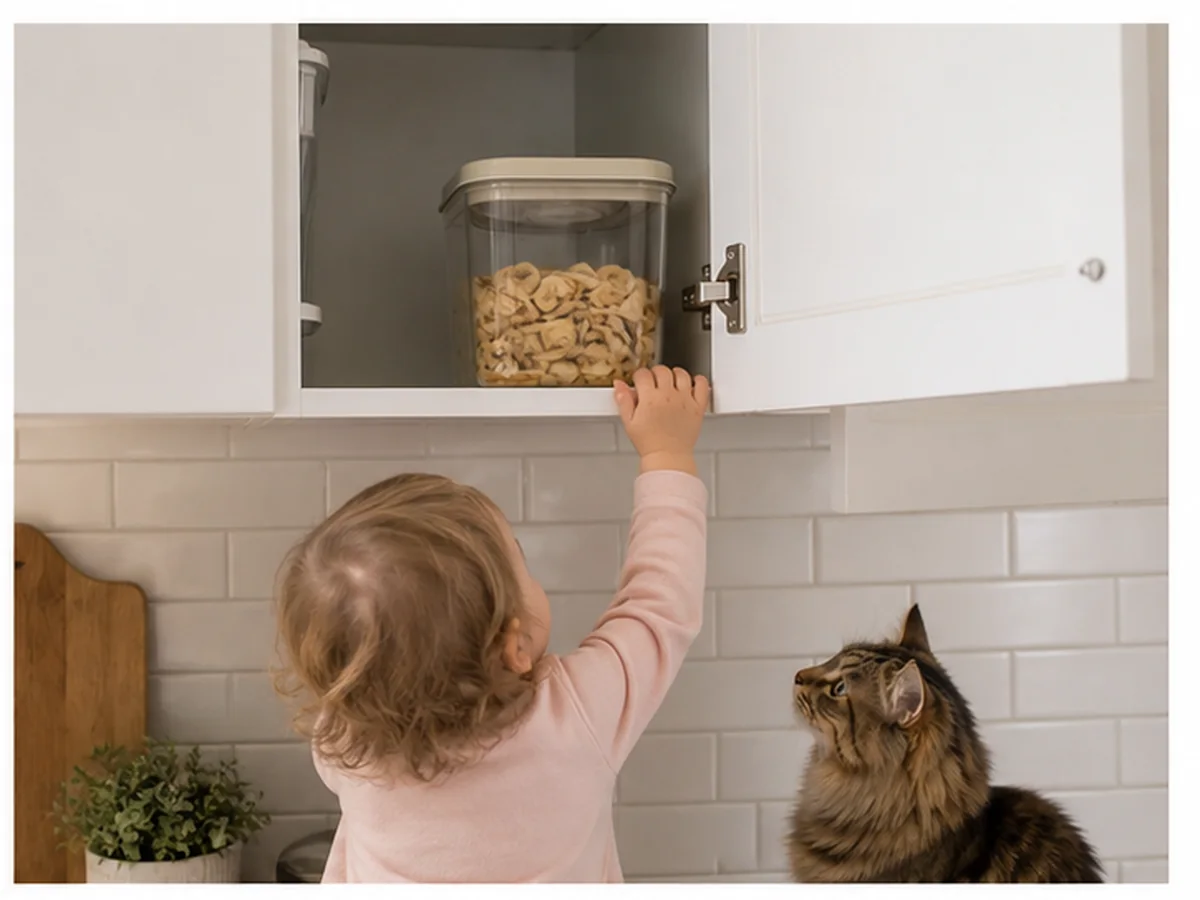 Cat safely separated from banana chips in a household scene about chips marketed for toddlers