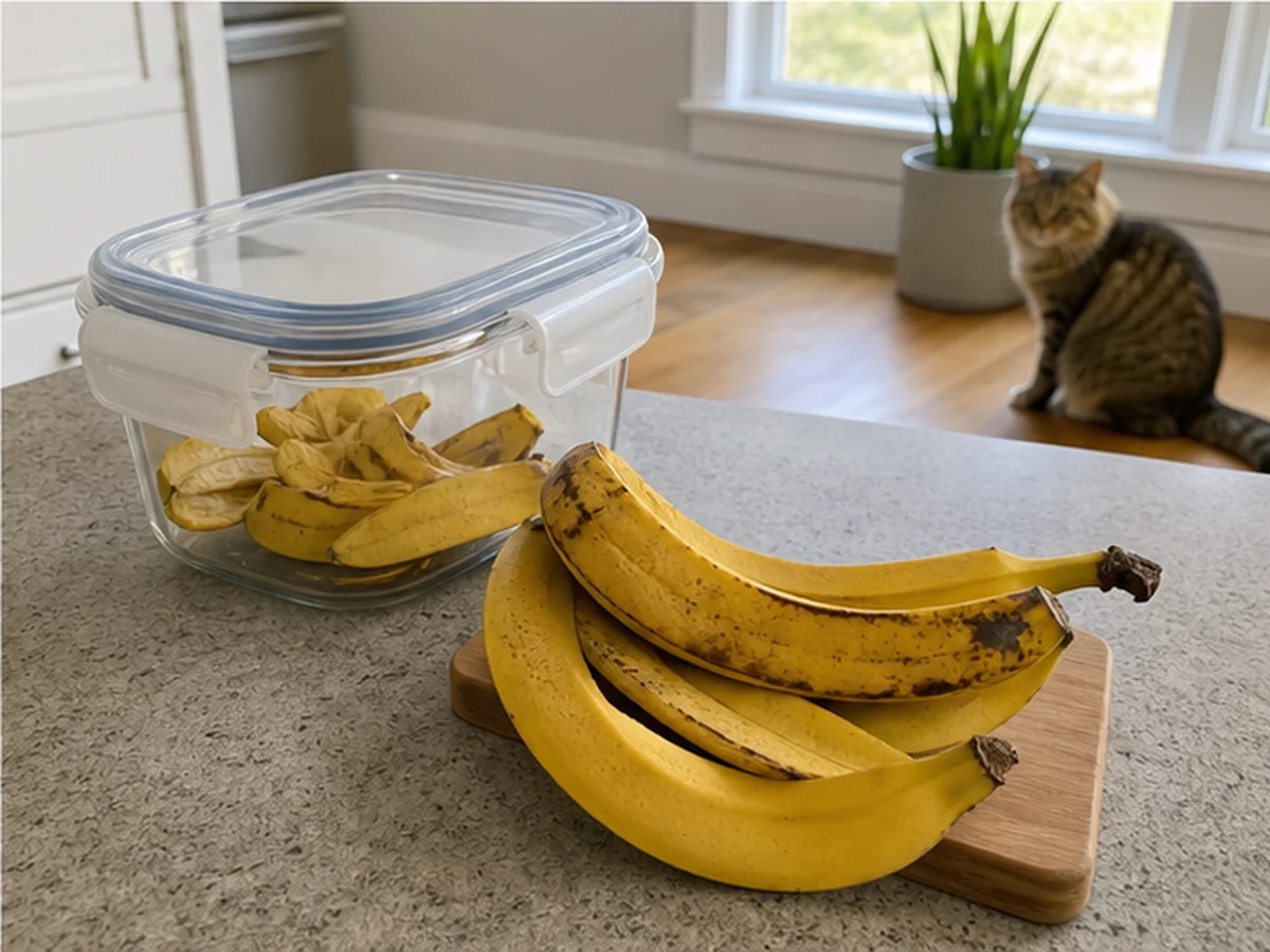 Banana peels secured in a lidded container with a cat distant