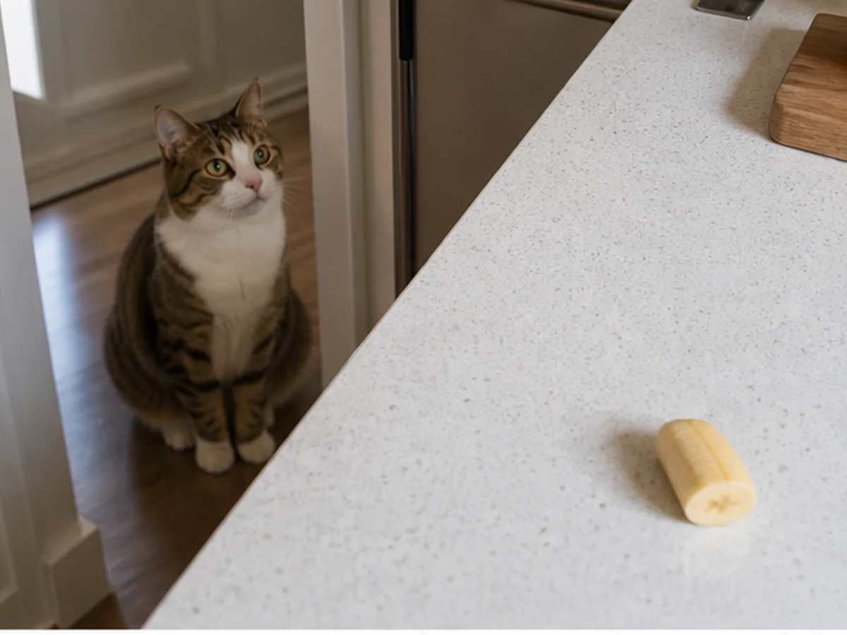 Cat watching a small peeled banana piece from the kitchen doorway
