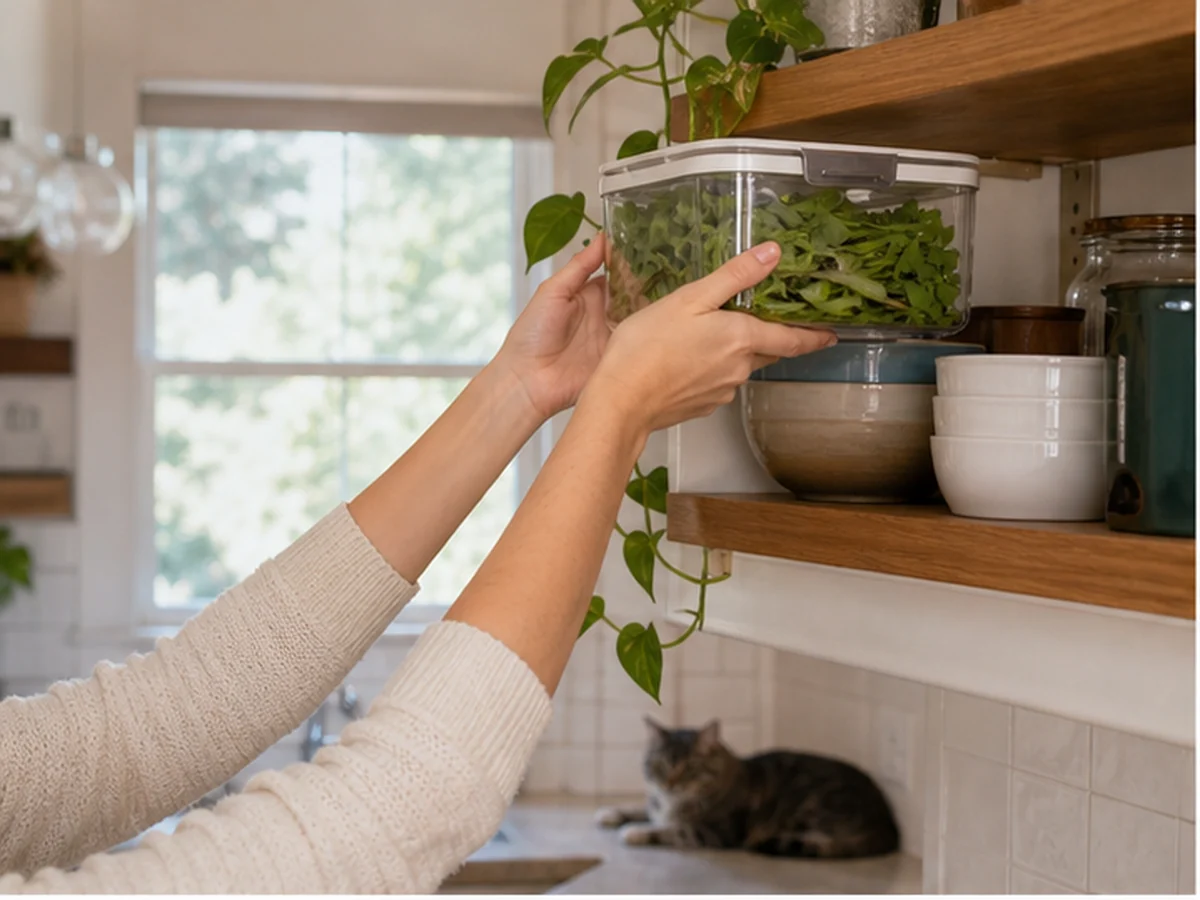 Hands placing a basil pot on a high shelf while a cat rests below