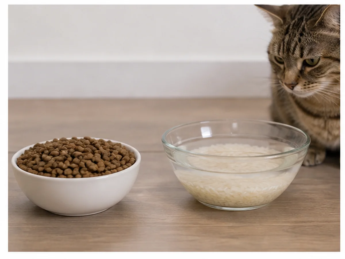 Cat safely separated from basmati rice in a household scene about rice water is not a balanced drink