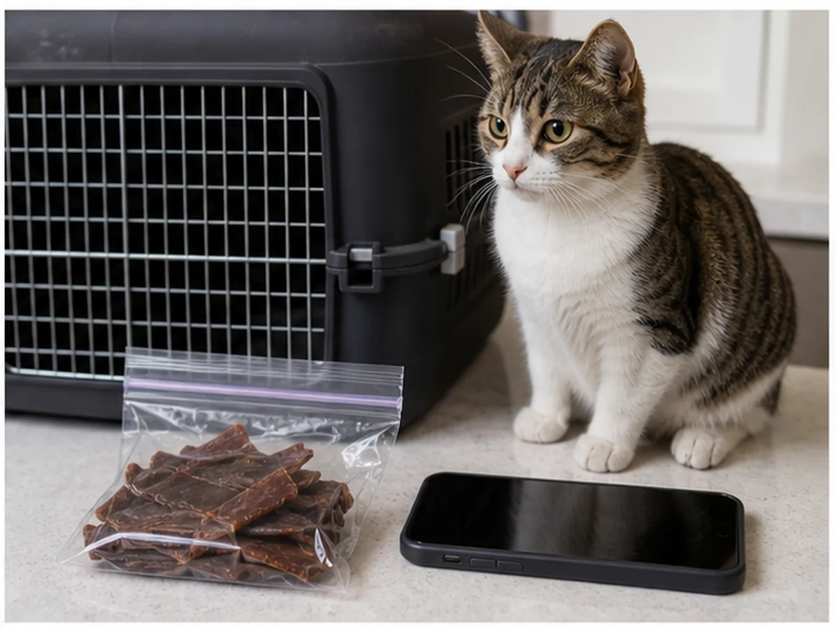 Cat safely separated from beef jerky in a household scene about when to call and what to report