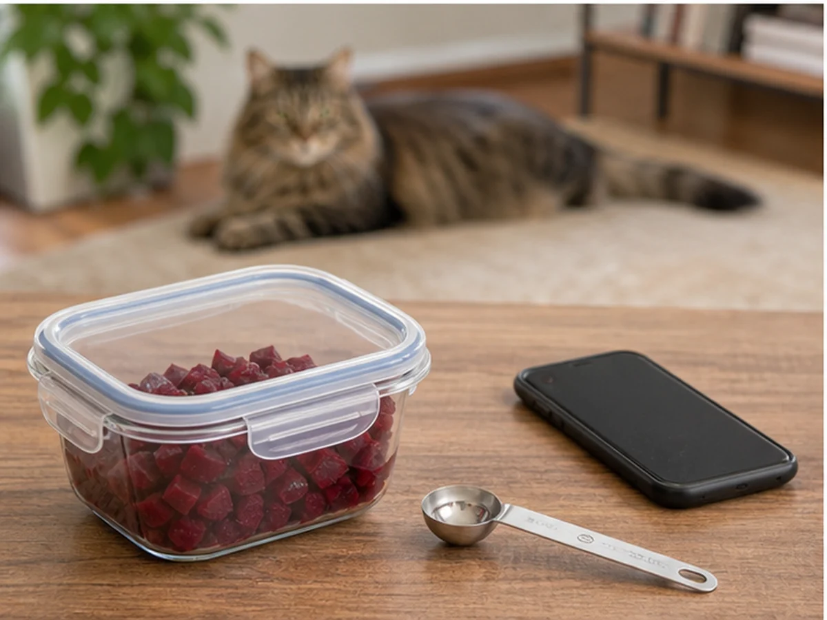 Sealed beet pieces, spoon, and phone with a cat resting away