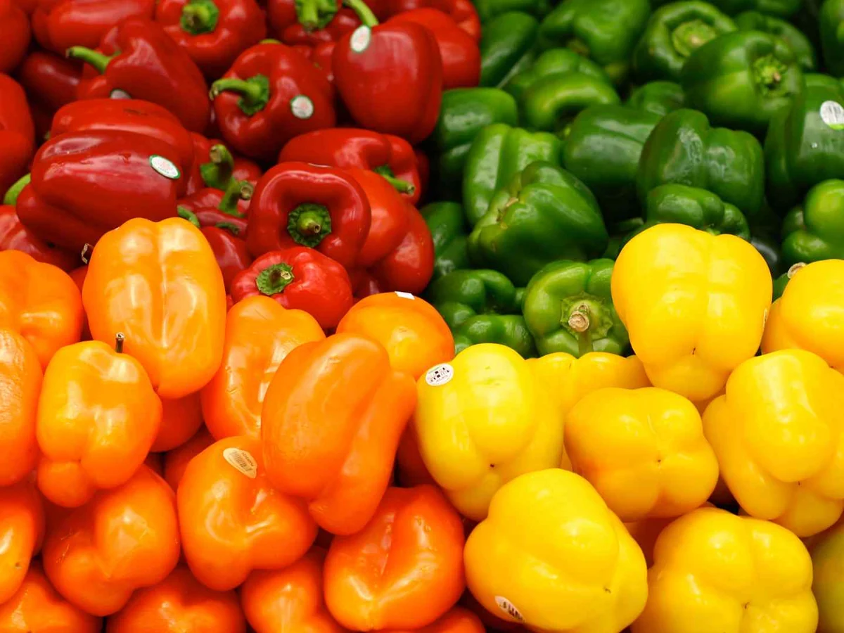 Bins of red, yellow, orange, and green bell peppers