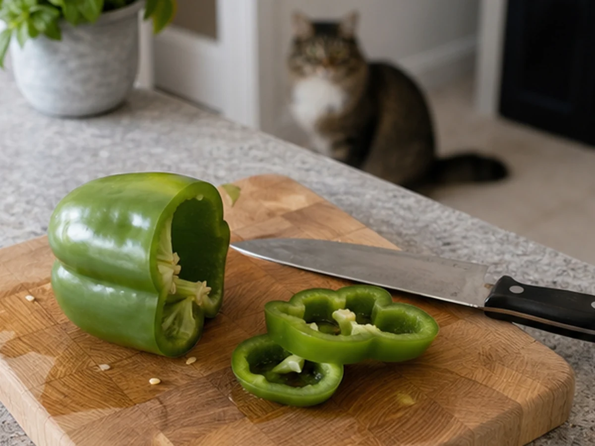 Cat kept behind a kitchen scene involving bell peppers