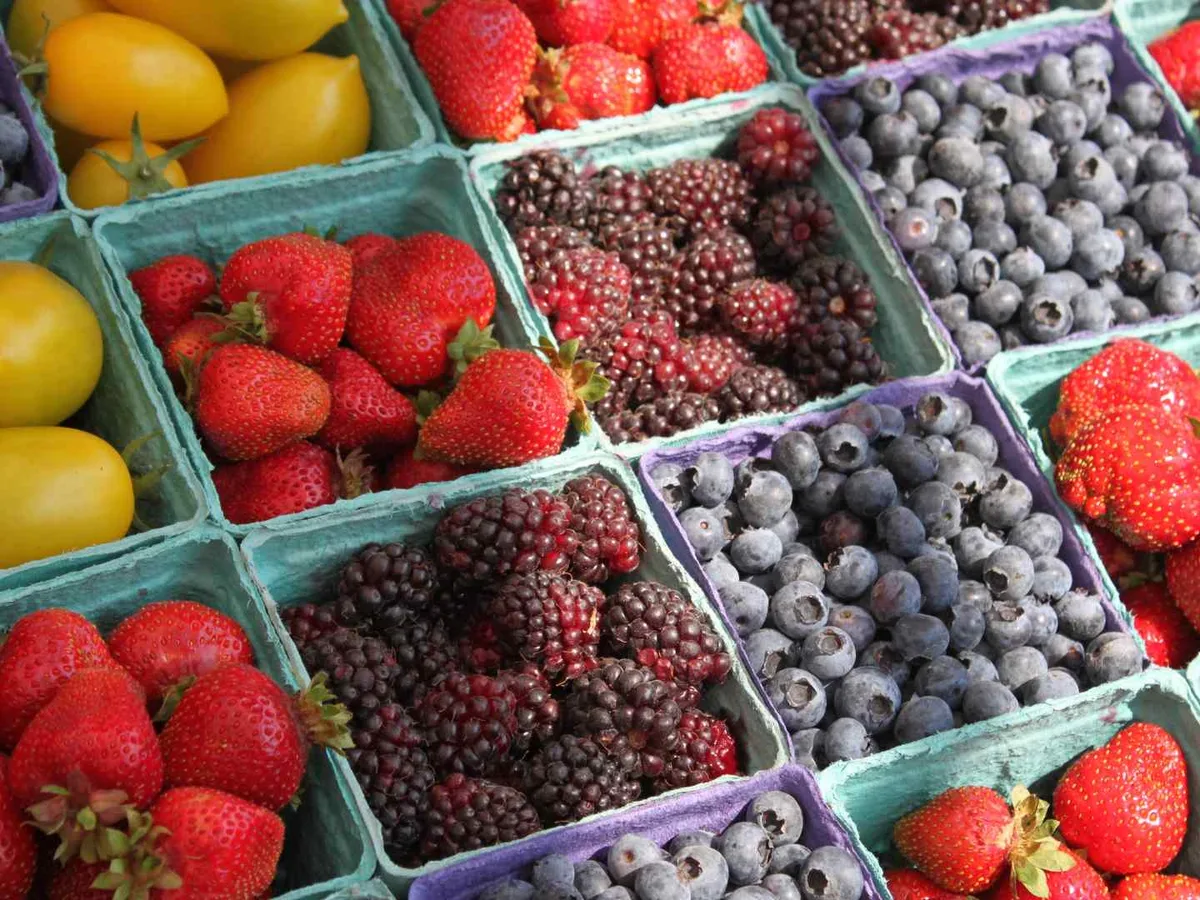 Market cartons filled with strawberries, blackberries, blueberries, and other fruit.