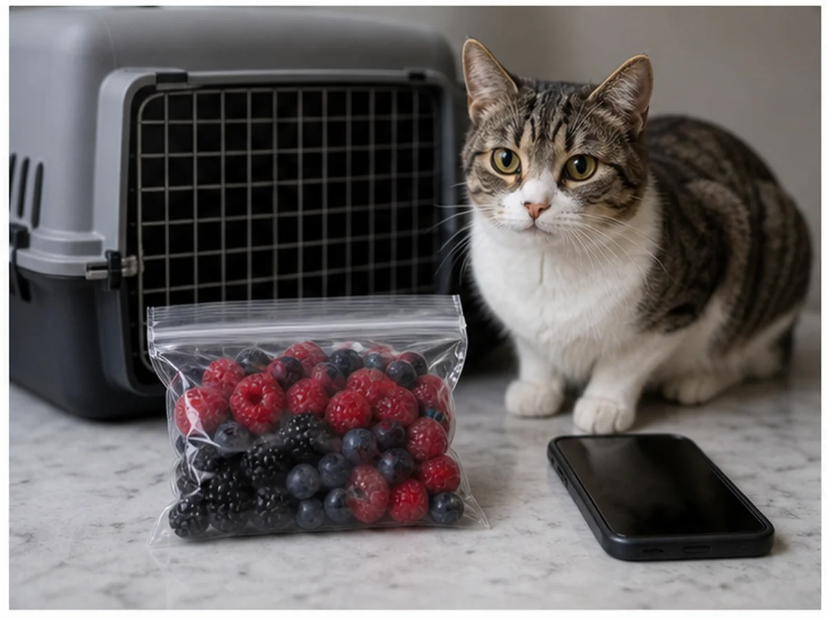 Cat safely separated from berries in a household scene about the berry incident checklist