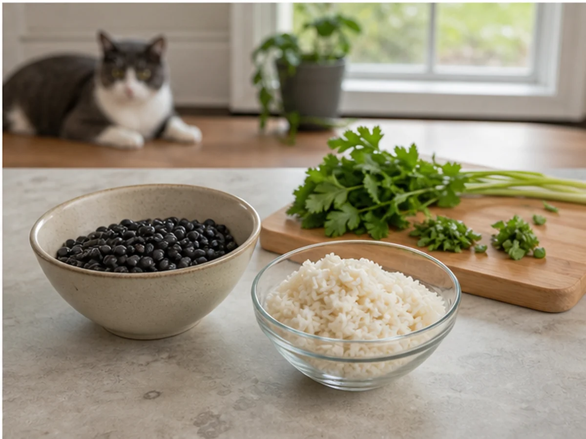 Bowls of black beans, rice, and herbs with a cat distant
