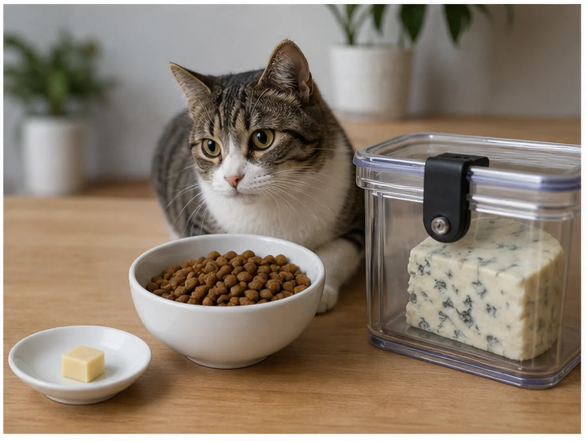 Cat safely separated from blue cheese in a household scene about pet cheese products are still treats
