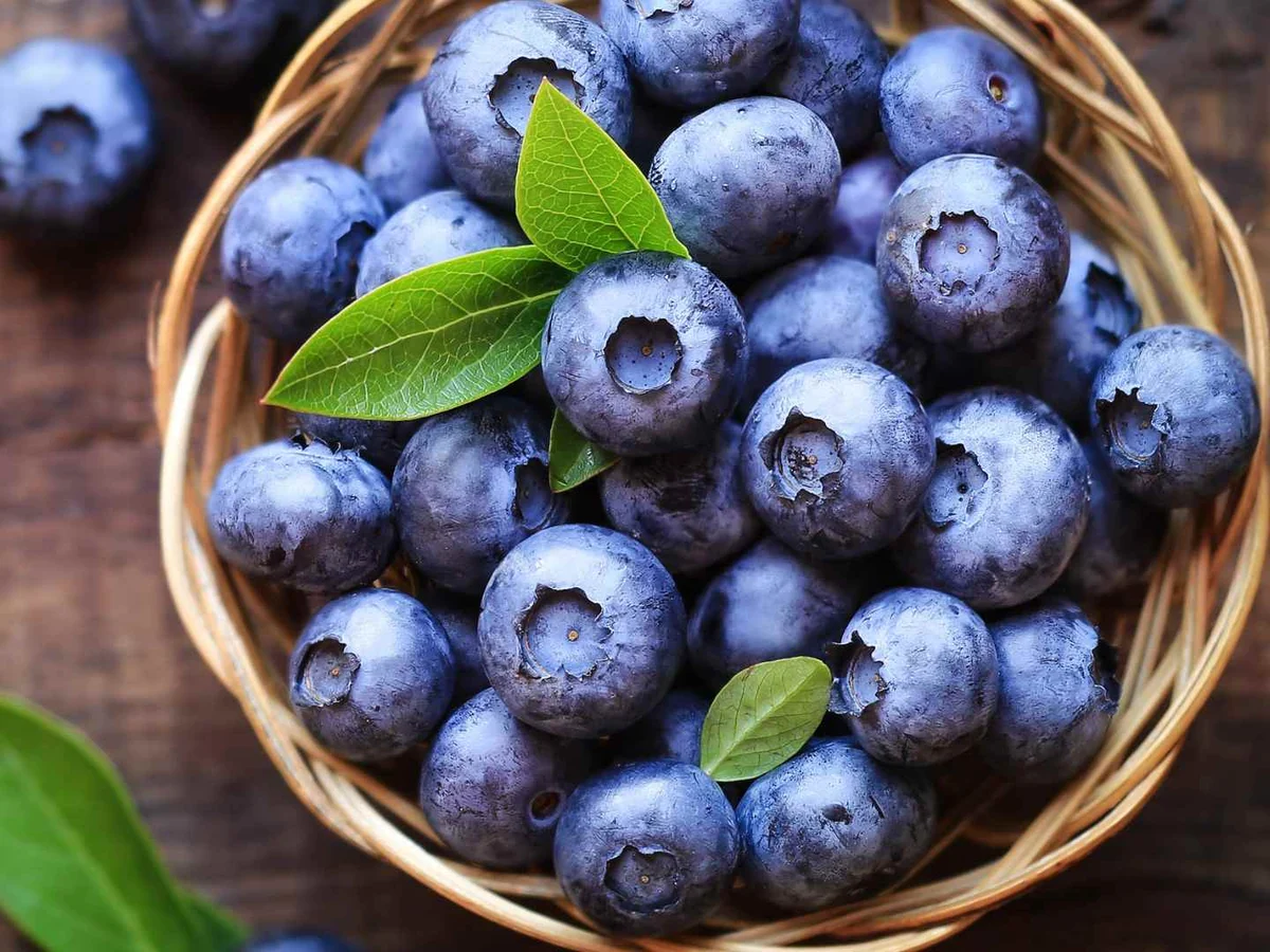 Fresh blueberries in a small wicker basket with green leaves.