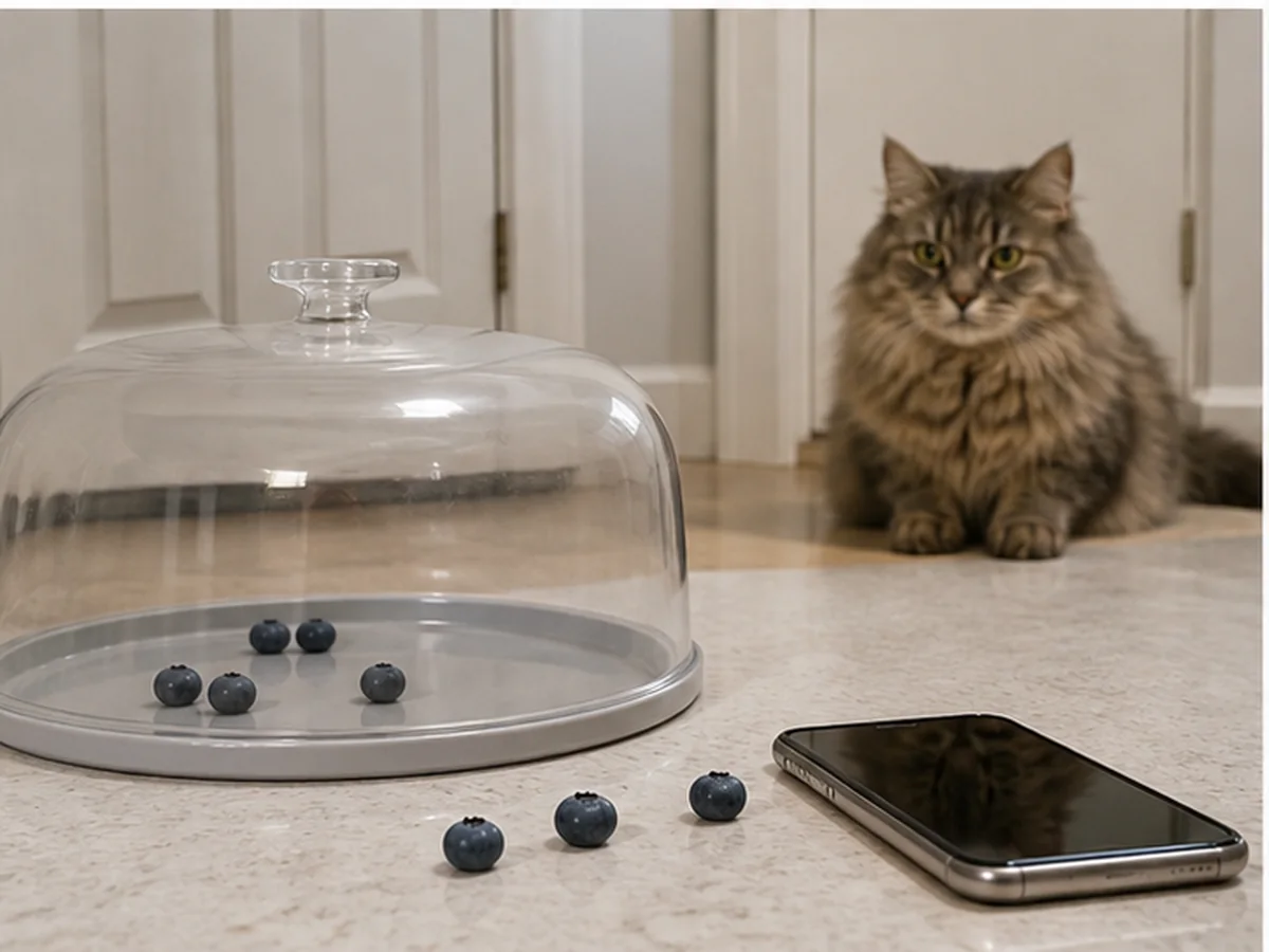 Cat safely separated from blueberries in a household scene about what to do if your cat ate blueberries