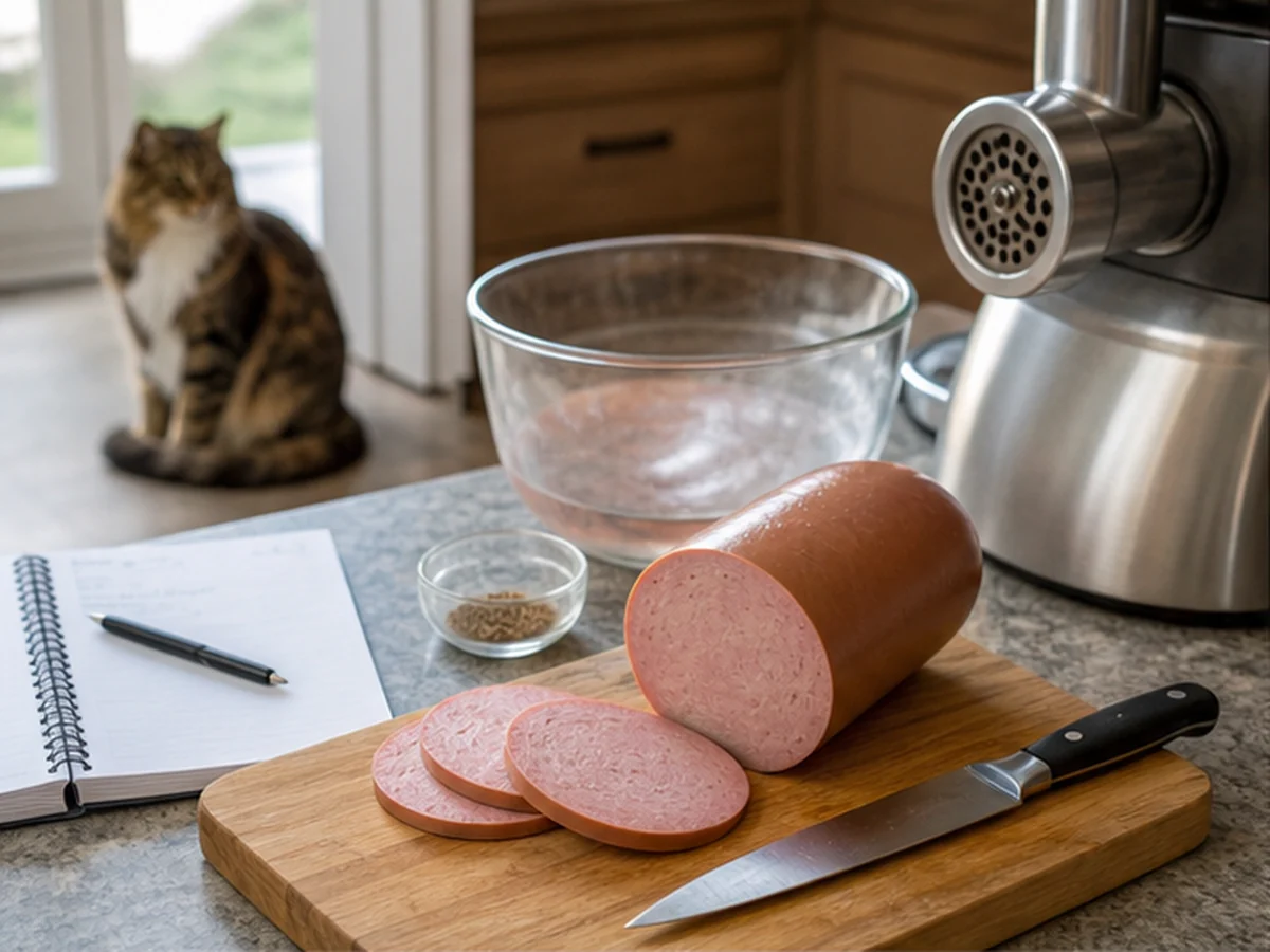 Homemade bologna, grinder, spice bowls, and recipe notes