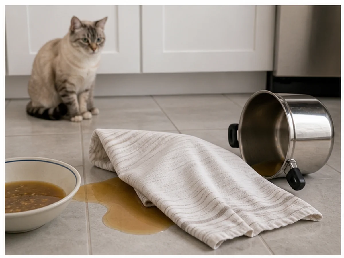 Cat safely separated from bone broth in a household scene about the broth-spill response
