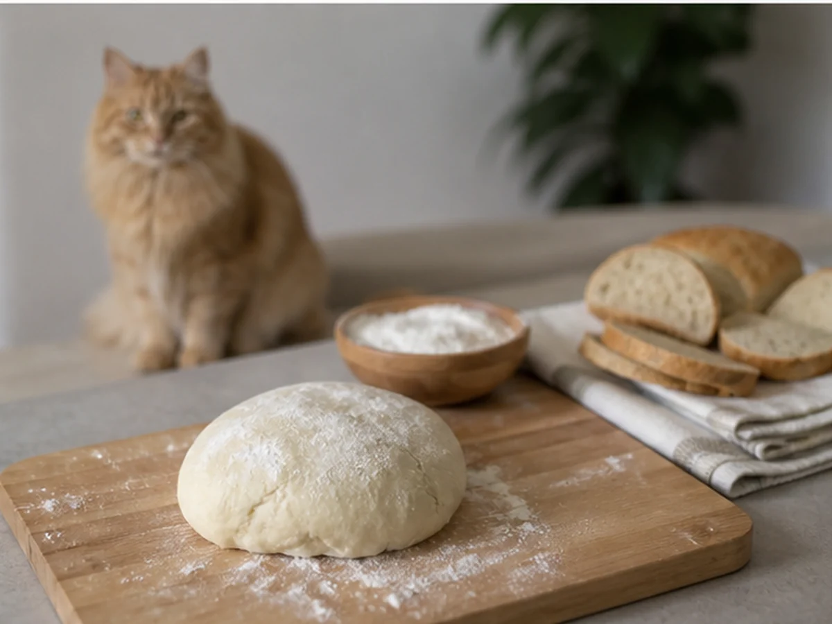 Cat kept behind a kitchen scene involving bread