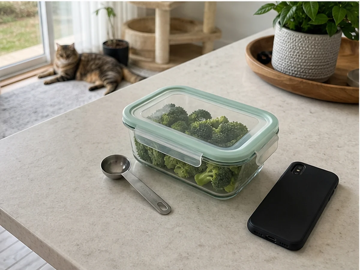 Sealed broccoli, spoon, and phone with a cat resting away