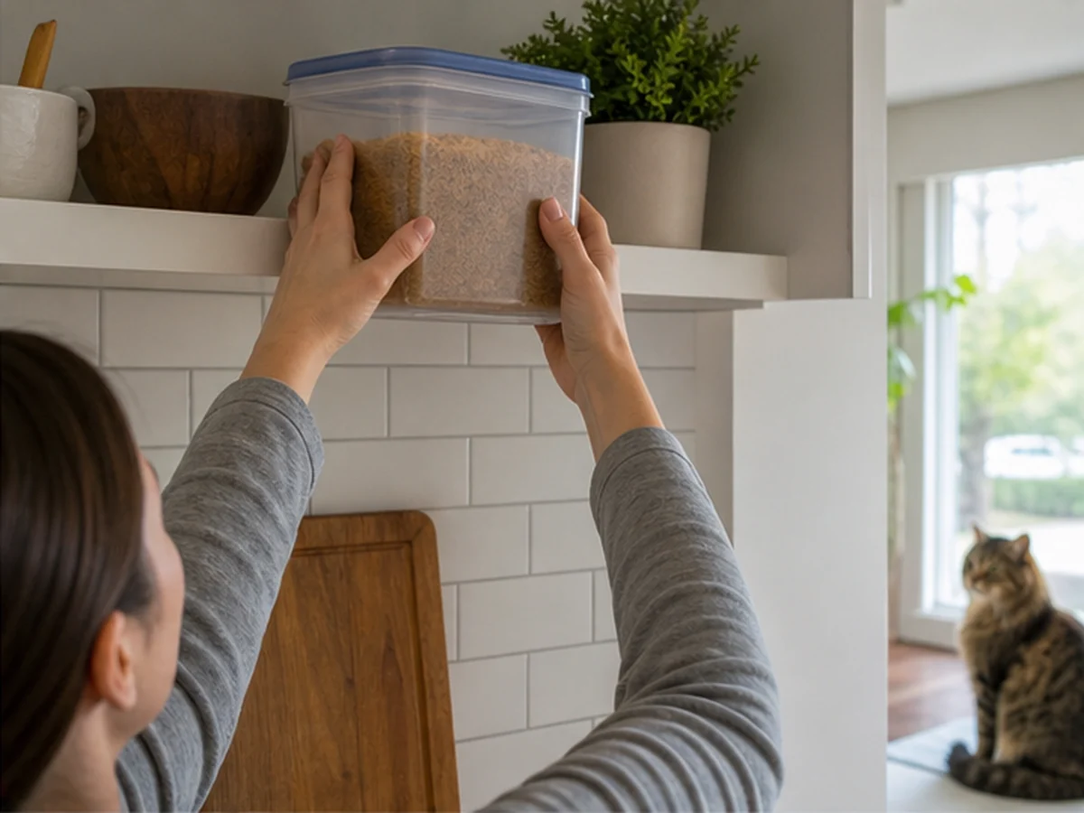 Hands storing brown sugar on a high shelf with a cat distant