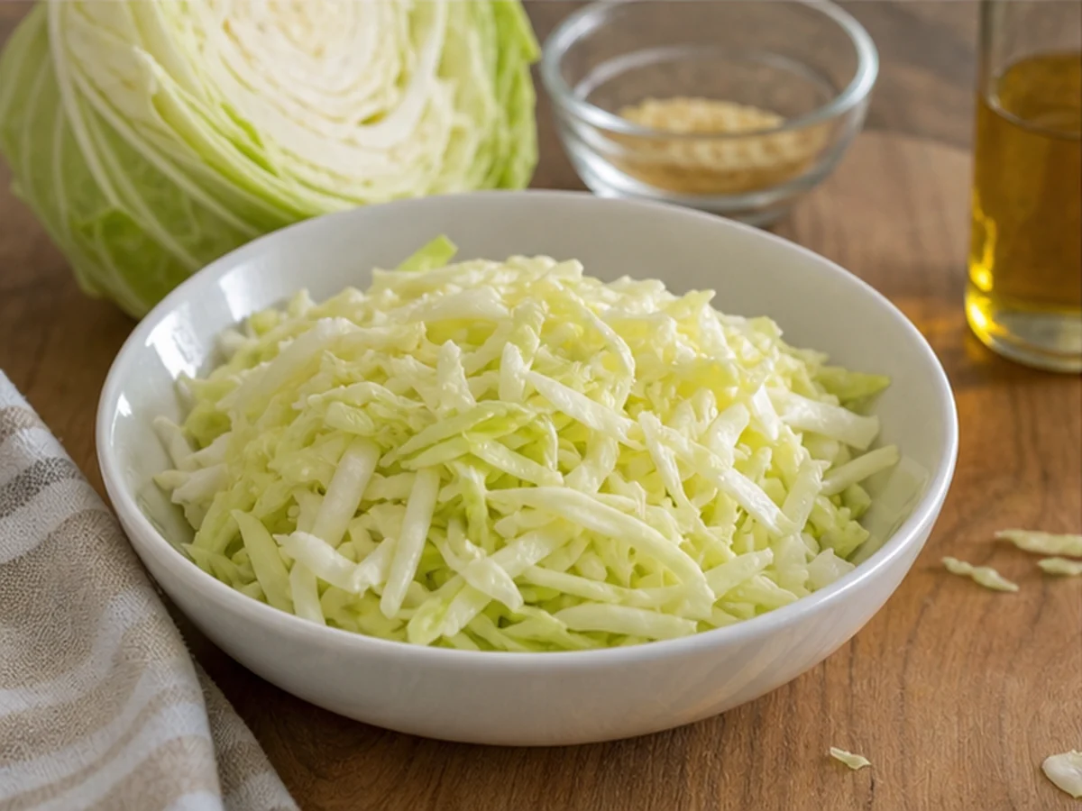 Shredded cabbage in a white bowl beside a cabbage half