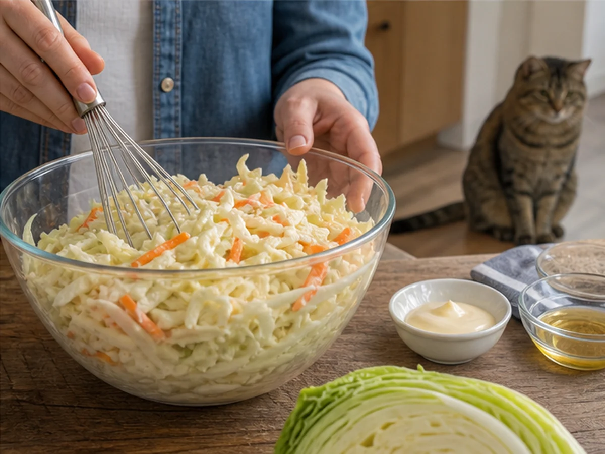 Hands mixing coleslaw in a glass bowl with a cat distant