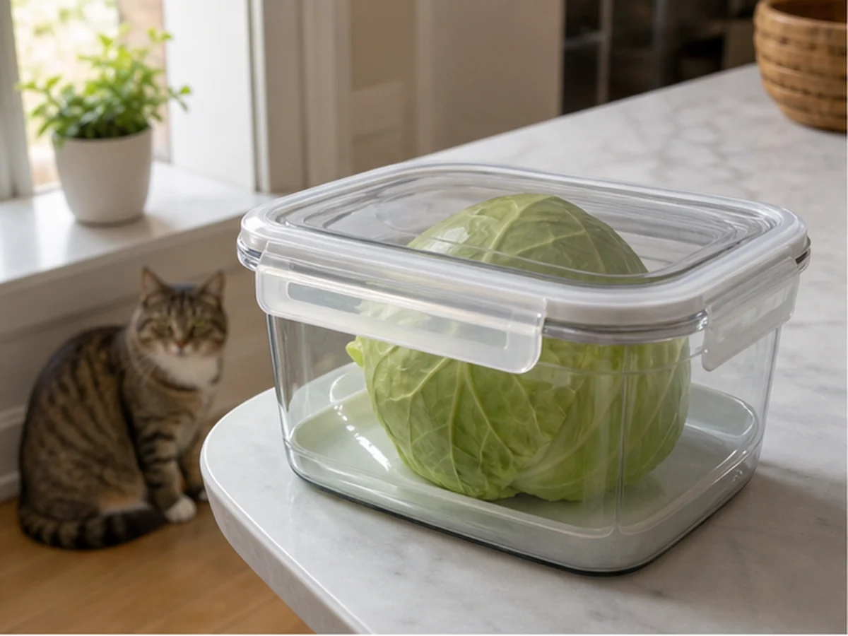 Cabbage half, thyroid model, and closed veterinary reference book