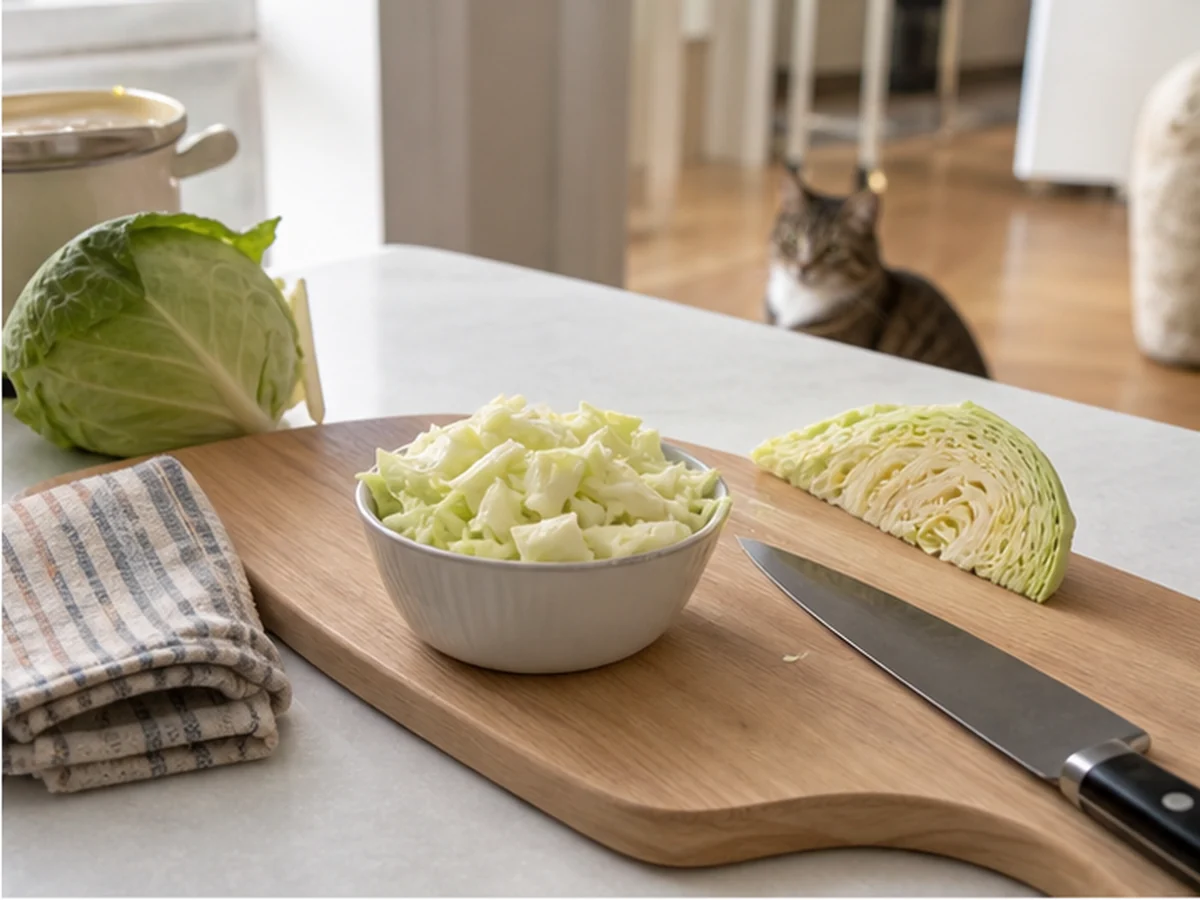 Whole and shredded cabbage beside related leafy vegetables