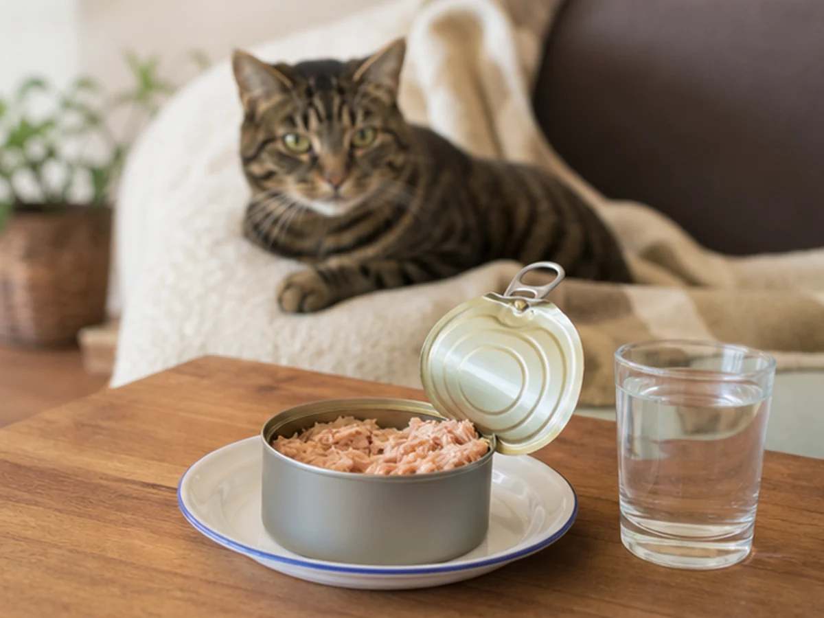 Cat kept behind a kitchen scene involving canned tuna