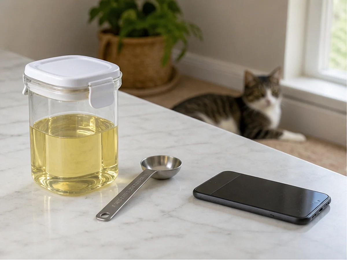 Sealed cooking oil, spoon, and phone with a cat resting away